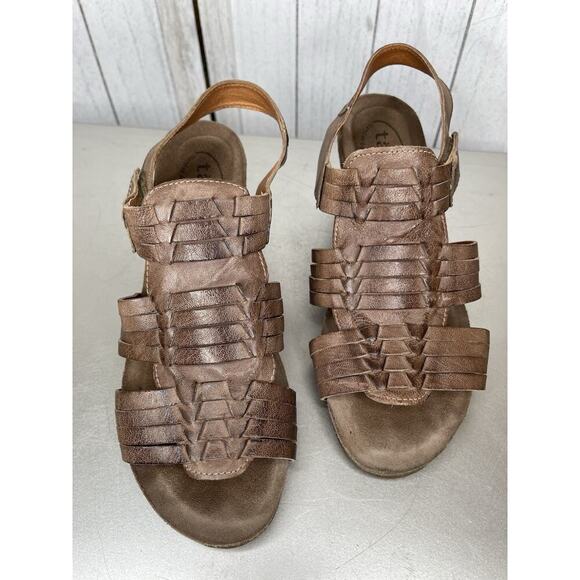 Taos Sandals Womens 8.5 Casual Strappy Slingback Wedge Brown Leather - Picture 2 of 5